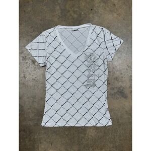 Skin Rhinestone Logo V-Neck T-Shirt Womens M White Y2K Chainlink Graphic